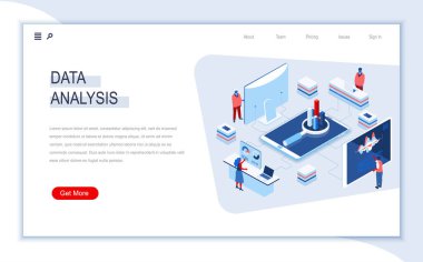 Veri analizi, izometrik iniş sayfası. Trafik ve sinyal analizi, filtre ve optimizasyon, büyük veri ve veritabanı yapısı ve görselleştirme. İş durumundaki meşgul insanlar 3d vektör izometrisi.