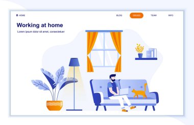 Ev-düz iniş sayfasında çalışıyorum. Coronavirus halk sağlığı uygulamasını koruyor. Kanepede dizüstü bilgisayarla çalışan bir adam. Covid-19 salgın risk taşıyıcı illüstrasyonu. Coronavirus önleme ve güvenliği.