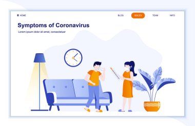 Koronavirüs hastalığının belirtileri düz iniş sayfasında. Öksüren, ateşi olan ve burnu akan hasta bir adam. Coronavirus koruması, önleme ve güvenlik. Covid-19 salgın risk vektörü çizimi