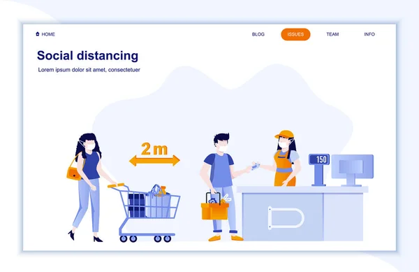 社会的距離フラットランディングページ コロナウイルス保護公衆衛生の実践 医療マスクの人々は店で距離を保つ Covid 19パンデミックリスクベクトル図 コロナウイルスの予防 — ストックベクタ