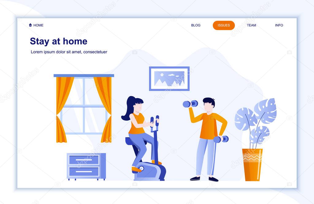Stay at home flat landing page. Coronavirus protection public health practice. Young couple doing sports together at home. Covid-19 pandemic risk vector illustration. Coronavirus prevention and safety