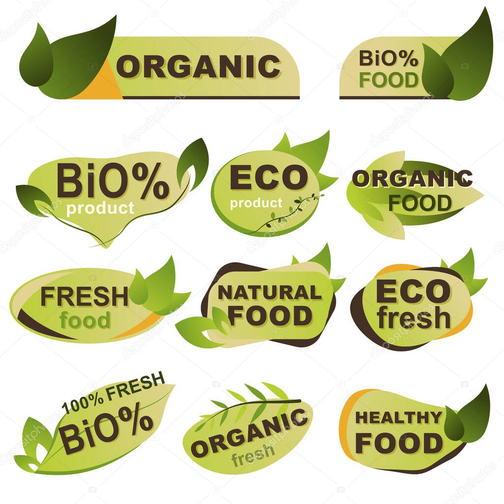 Eco products badges set. Natural organic food, bio products and healthy nutrition isolated stickers. Ecological farming and fresh food production badges with green leaves. Naturally grown vector signs