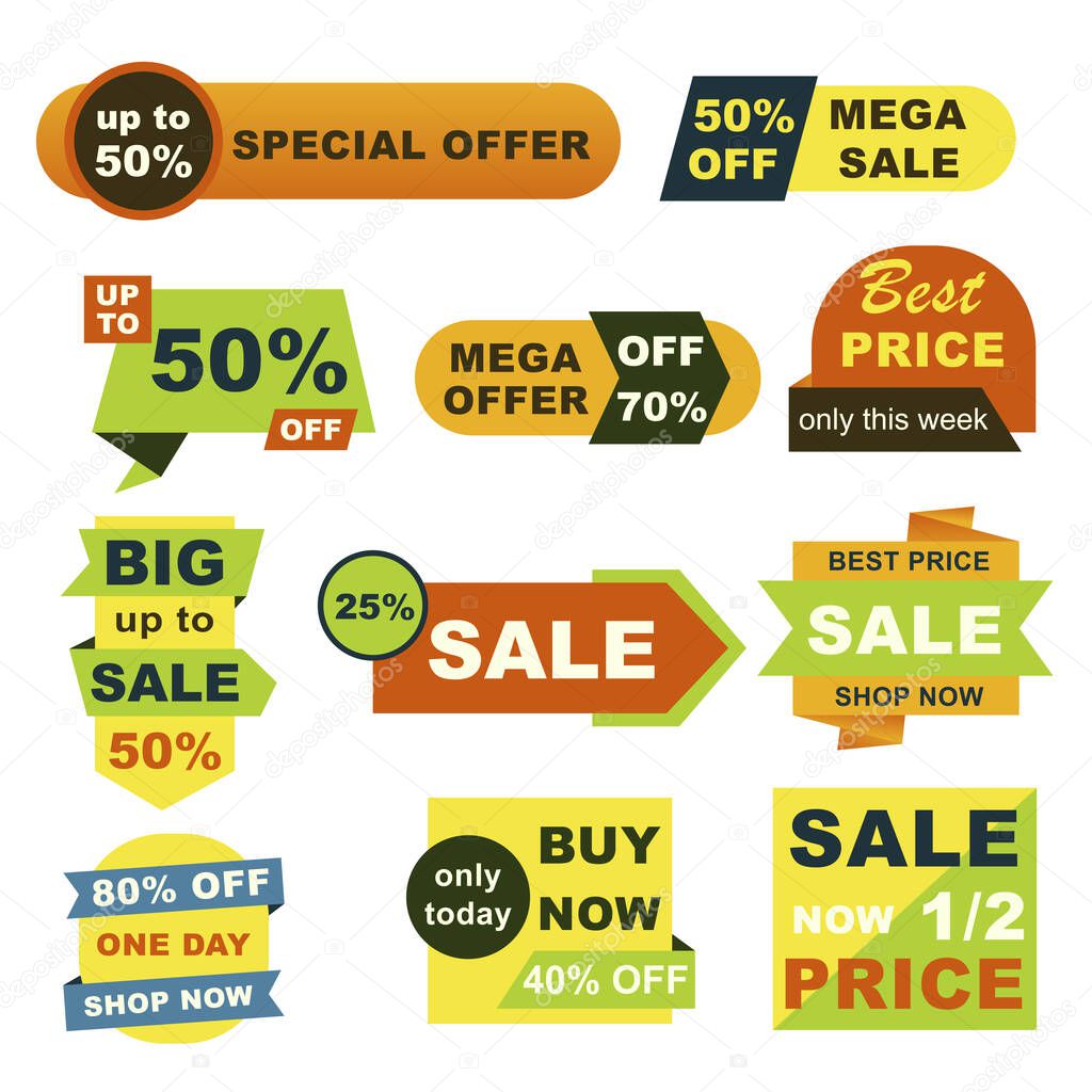 Best price badges set. Mega sale only this week isolated stickers. Holiday shopping, commerce advertising, colorful discount tags. Special offer badges, shop now vector design for clearance sale.