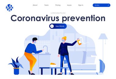 Coronavirus önleme düz iniş sayfası tasarımı. Ellerini yıkayan bir adam, başlıklı dezenfektan sahnesi olan tıbbi maskeli bir kadın. Coronavirus koruması, hijyen ve güvenlik, ev karantinası durumu.