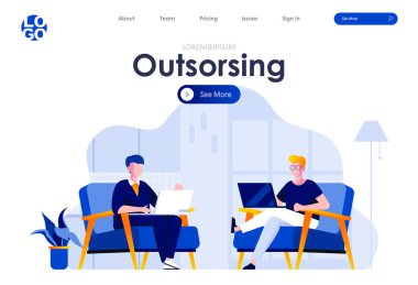 Outsourcing service flat landing page design. Developers working with laptops in armchairs scene with header. Professional and highly qualified outside resourcing. IT development process situation. clipart