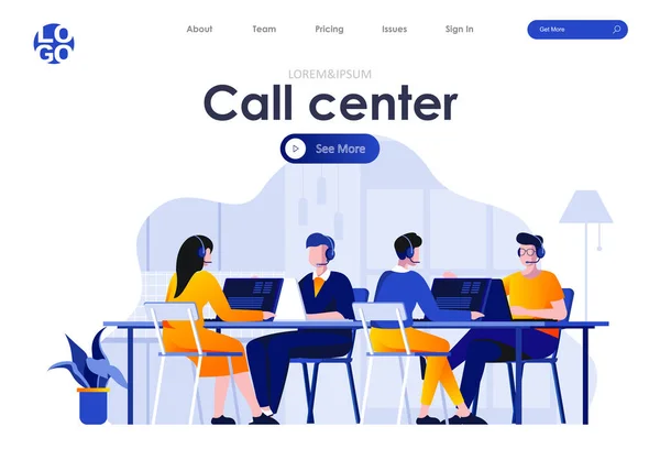 Call Center Flat Landing Page Design Hotline Operators Headsets Office — Stock Vector
