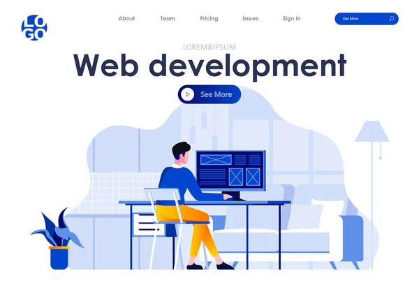 Página Destino Plana Desenvolvimento Web Desenvolvedor Frontend Trabalhando Cena Local — Vetor de Stock