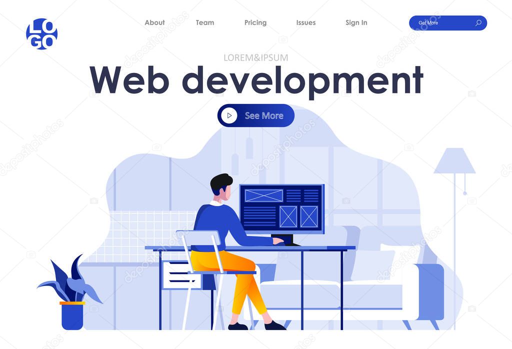 Web development flat landing page. Frontend developer working at workplace scene with header. UI UX usability design, website prototyping, construction and content management. Work process situation.