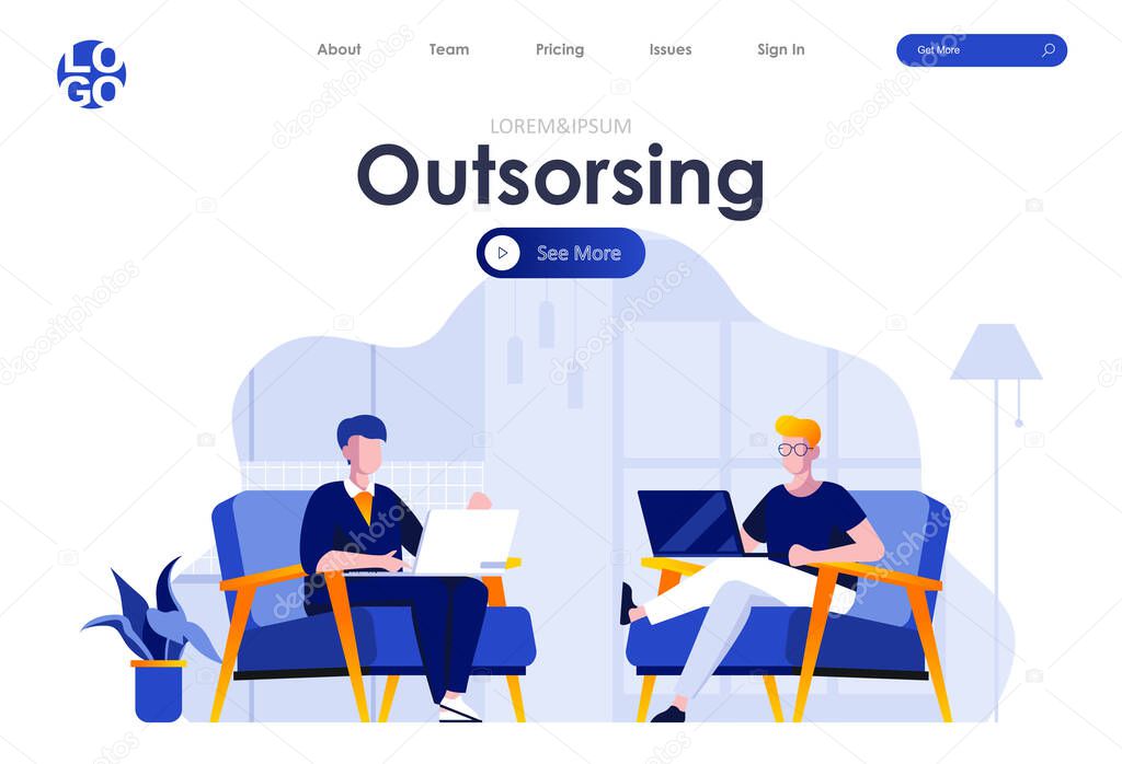 Outsourcing service flat landing page design. Developers working with laptops in armchairs scene with header. Professional and highly qualified outside resourcing. IT development process situation.