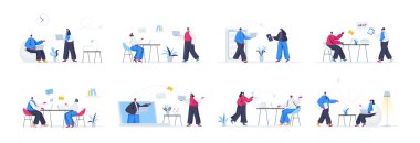 Bir deste servis sahnesi. Çevrimiçi müşteri desteği, tele pazarlama ajansı, müşteri danışmanlığı ve yardımcı düz vektör çizimi. Durumlarda insanların oynadığı çağrı merkezi demeti