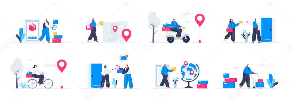 Bundle of delivery service scenes. Online order and couriers delivery at home, global shipping and logistics flat vector illustration. Bundle of express delivery with people characters in situations.