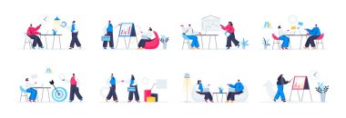 Bir sürü iş görüşmesi sahnesi. Sunum müdürü, iş adamları iş stratejisi düz vektör illüstrasyonunu tartışıyor. Bu durumdaki insanlarla iş toplantısı.