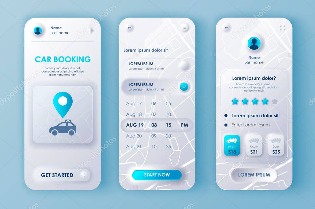 Car booking unique neomorphic design kit for mobile app neomorphism style. Online rent car order screens with prices. Car sharing service UI, UX template set. GUI for responsive mobile application.