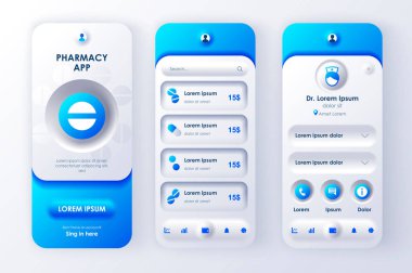 Mobil uygulama neomorfizm tarzı için benzersiz neomorfik tasarım kiti. İlaçlı internet eczane ekranları. Eczane UI, UX şablon seti. Yanıtlayıcı mobil uygulama arayüzü.