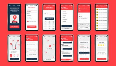 Mobil uygulama için eşsiz bir tasarım seti. Çevrimiçi kiralık araba siparişi ekranları sohbet, reyting, kullanıcı profili ve şehir haritası. Araba paylaşım servisi UI, UX şablon seti. Yanıtlayıcı mobil uygulama arayüzü