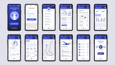 Mobil uygulama için benzersiz bir tasarım seti. Çalışan rota planlayıcısı, analitik ve kalp atış hızı monitörü olan fitness izleme ekranları. Spor UI, UX şablon seti. Yanıtlayıcı mobil uygulama arayüzü