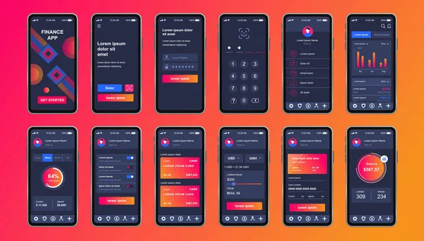 Usługi Finansowe Unikalny Zestaw Projektowy Dla Aplikacji Mobilnych Ekrany Bankowości — Wektor stockowy