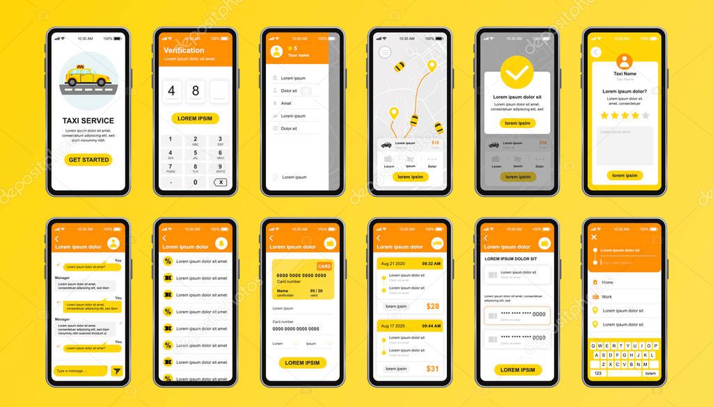 Taxi service unique design kit for mobile app. Online taxi booking screens with route, chat, rating and taxi fare. Transportation service UI, UX template set. GUI for responsive mobile application.