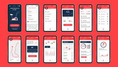 Mobil uygulama için benzersiz bir tasarım seti. Çalışan rota planlayıcısı, analitik ve yanmış kalorili fitness izleme ekranları. Spor UI, UX şablon seti. Yanıtlayıcı mobil uygulama arayüzü.