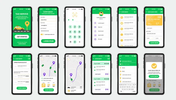 Taxi Service Uniek Design Kit Voor Mobiele App Online Taxiboekingsschermen — Stockvector