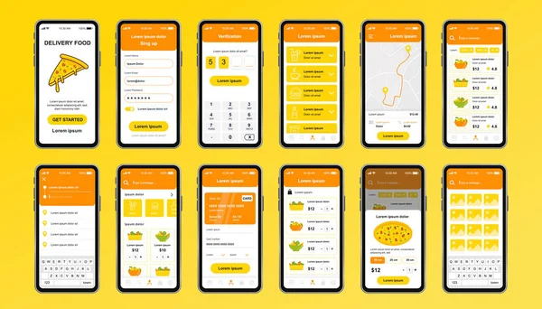 Levering Voedsel Unieke Design Kit Voor App Online Pizzeria Schermen — Stockvector