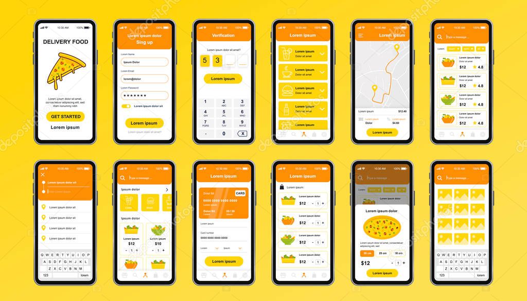 Delivery food unique design kit for app. Online pizzeria screens with food menu, order and payment. Express delivery and catering service UI, UX template set. GUI for responsive mobile application.