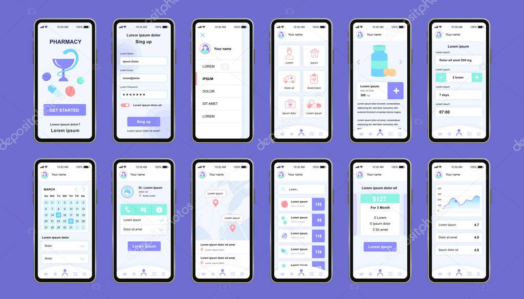 Online pharmacy unique design kit for app. Internet drugstore screens with medicaments description, store location and prices. Pharmacy store UI, UX template set. GUI for responsive mobile application