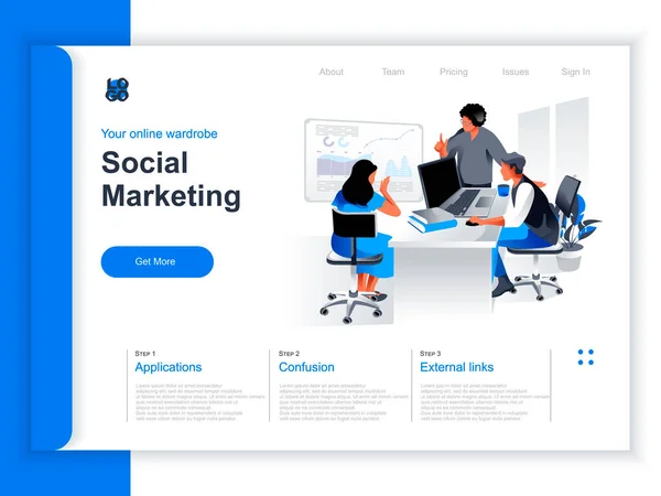 Pagina Iniziale Isometrica Marketing Sociale Marketing Team Brainstorming Con Infografiche — Vettoriale Stock
