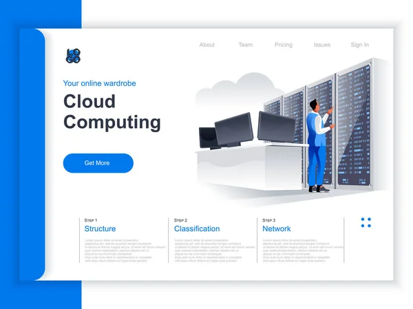Isometrische Zielseite Für Cloud Computing Spezialist Der Nähe Von Serverschränken — Stockvektor