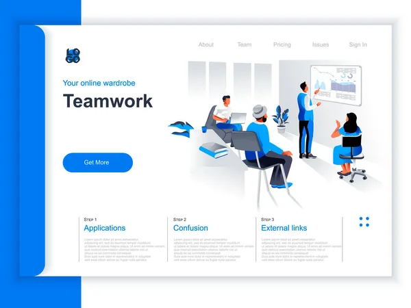 Business Teamwork Isometric Landing Page Engelsk Lederen Presenterer Seg Foran – stockvektor