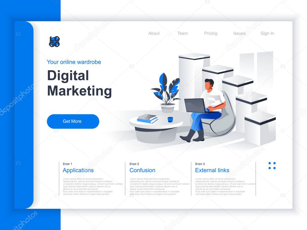 Digital marketing isometric landing page. Marketer working with laptop in office situation. Digital marketing, SMM and SEO, website content promotion and social media manage perspective flat design.