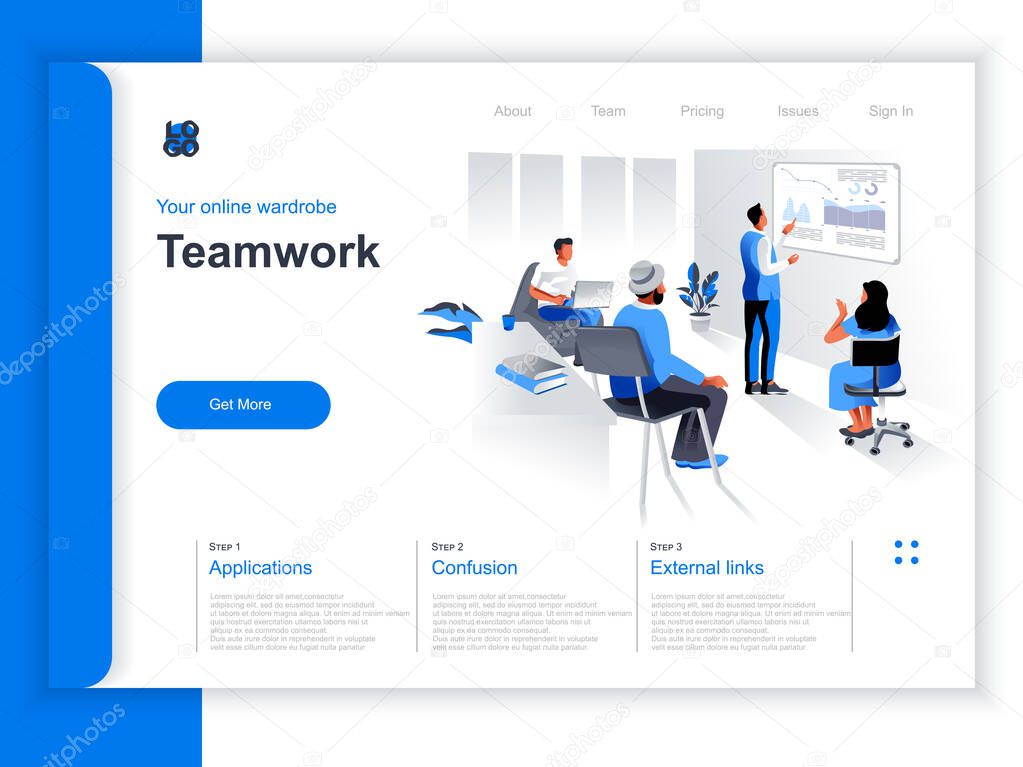 Business teamwork isometric landing page. Manager doing presentation before colleagues in office situation. Productive corporate teamwork, data analyzing and strategy planning perspective flat design.