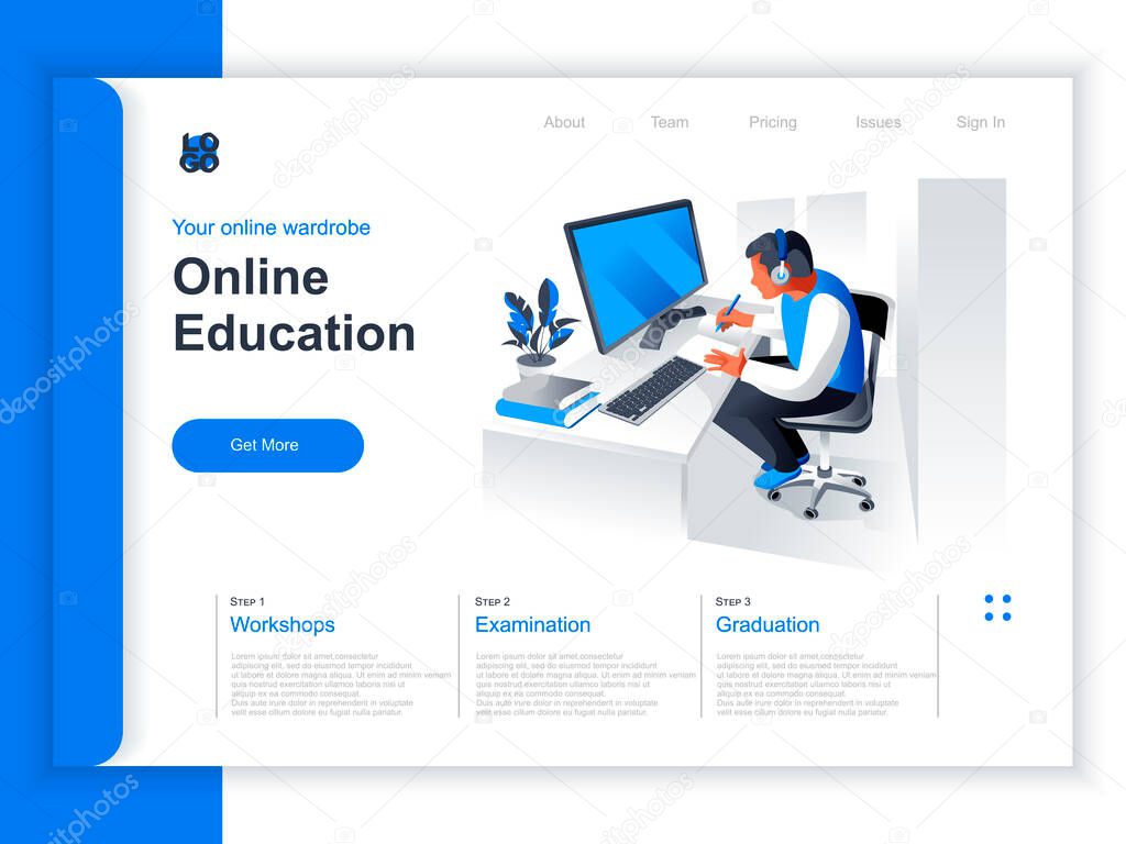 Online education isometric landing page. Young man studying with computer at workplace situation. Distance learning, online webinar, professional courses and skills development perspective flat design