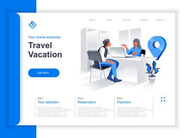 Seyahat izometrik iniş sayfası. Seyahat acentesi danışmanlığı ve tur durumunu seçen müşterilere yardım etmek. Seyahat planlama ve organizasyon, otel ve bilet rezervasyonu perspektif düz tasarım.
