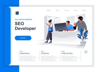 Seo geliştirici izometrik iniş sayfası. Pazarlama ekibi ofis ortamında bilgisayarla çalışıyor. Web sitesi analizlerini takip et ve analiz et, SEO stratejisi planla ve kod optimizasyonu düz tasarım perspektifi