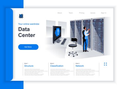 Veri merkezi izometrik iniş sayfası. Bilgi işlem mühendisi veri merkezindeki sunucu ekipmanlarını tamir ediyor. Platform donanımı ve yazılımı, veri depolama ve yönetim perspektifi düz tasarım.