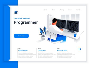 Yazılım geliştirme izometrik iniş sayfası. Ofisteki bilgisayarlarla çalışan programcı. Web uygulama programlama ve test, ön uç ve arka uç geliştirme perspektifi düz tasarım.