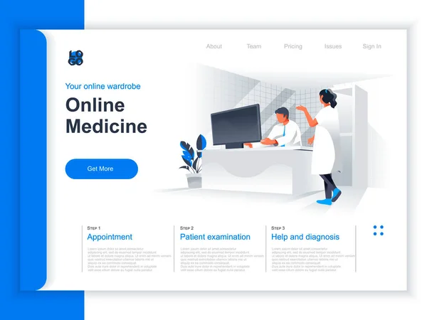 Online Medicine Isometric Landing Page Dokter Bekerja Dengan Komputer Dalam - Stok Vektor