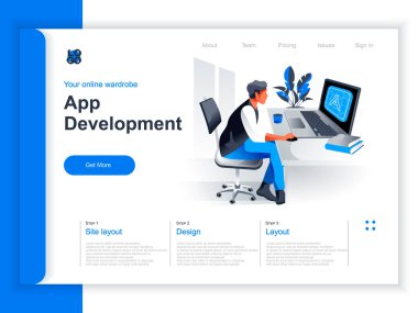 Uygulama geliştirme izometrik iniş sayfası. Ofisteki bilgisayarlarla çalışan programcı. UI, UX yanıt veren tasarım, uygulama programlama ve çapraz platform kod perspektifi düz tasarım denemesi.
