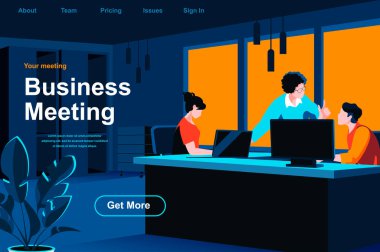 İş görüşmesi izometrik iniş sayfası. Bir grup iş arkadaşı ofis web sitesinde projeyi tartışıyor. Şirket takım çalışması, veri analizi ve strateji planlama düz vektör çizimi