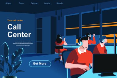 Merkez izometrik iniş sayfasını ara. Ofis web sitesi şablonunda kulaklıkları olan yardım hattı operatörleri. Çevrimiçi müşteri desteği, tele pazarlama, danışma ve yardım perspektifi düz vektör illüstrasyonu