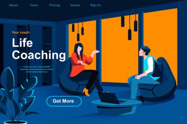 Yaşam koçu izometrik iniş sayfası. Ofis web sitesi şablonunda koçla kişisel istişare. Eğitim ve yaşam becerileri geliştirme, motivasyon ve danışmanlık perspektifi düz vektör çizimi.