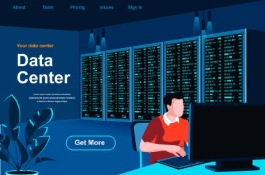 Data center isometric landing page. Technician working in server room at data center website template. Hosting platform management, data storage and administration perspective flat vector illustration clipart