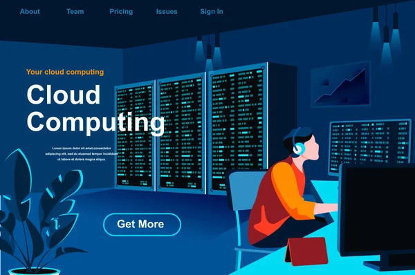 Cloud Computing Page Destination Isométrique Spécialiste Informatique Travaillant Dans Salle — Image vectorielle