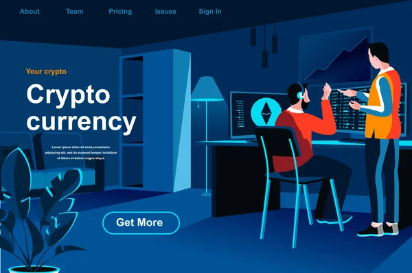 Cryptocurrency Isometric Landing Page Blockchain Developers Working Computer Website Template — Stock Vector