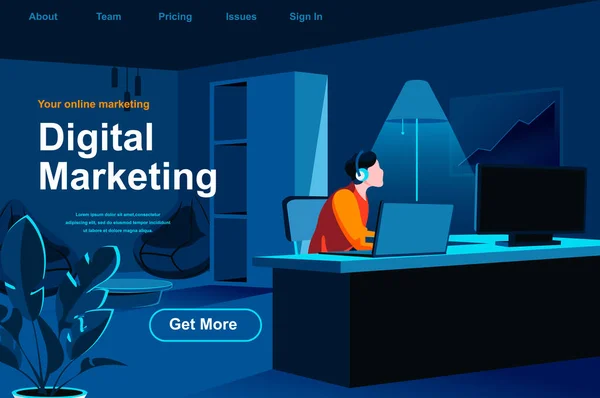 Página Destino Isométrica Marketing Digital Comercializador Que Trabaja Con Computadora — Vector de stock