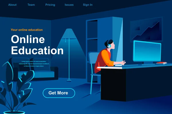 Isometrische Zielseite Für Online Bildung Mann Studiert Mit Computer Arbeitsplatz — Stockvektor