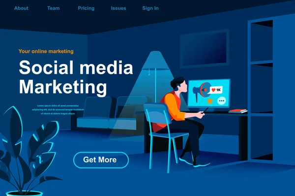 Marketing Mídia Social Landing Page Isométrica Analista Internet Trabalhando Com — Vetor de Stock