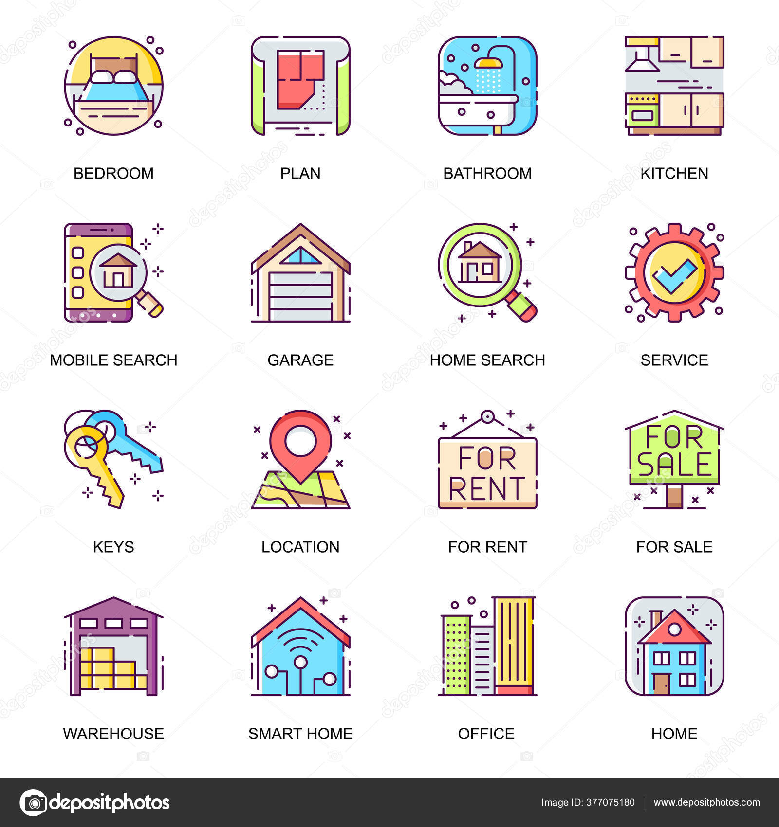 Real Estate Flat Icons Set Bedroom Bathroom Kitchen Rent Sale Stock Vector C Alexdndz