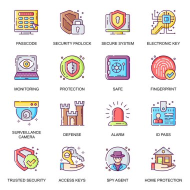 Güvenlik sistemi simgeleri ayarlandı. Elektronik anahtar, güvenlik kamerası ve parmak izi, tespit ve izleme, kimlik kartı, güvenli, mobil uygulama için casus ajan hattı resimleri. Ev koruma vektör paketi